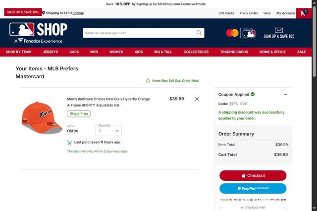 Baltimore Orioles checkout page showing Baltimore Orioles promo code box | Screenshot taken by SimplyCodes community member on Oct 1, 2025
