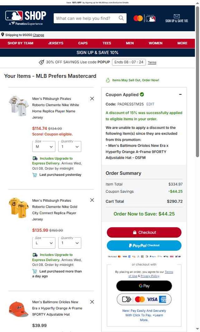 Baltimore Orioles checkout page showing Baltimore Orioles promo code box | Screenshot taken by SimplyCodes community member on Oct 3, 2025