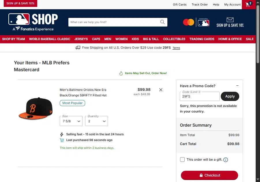 Baltimore Orioles checkout page showing Baltimore Orioles promo code box | Screenshot taken by SimplyCodes community member on Jan 25, 2026
