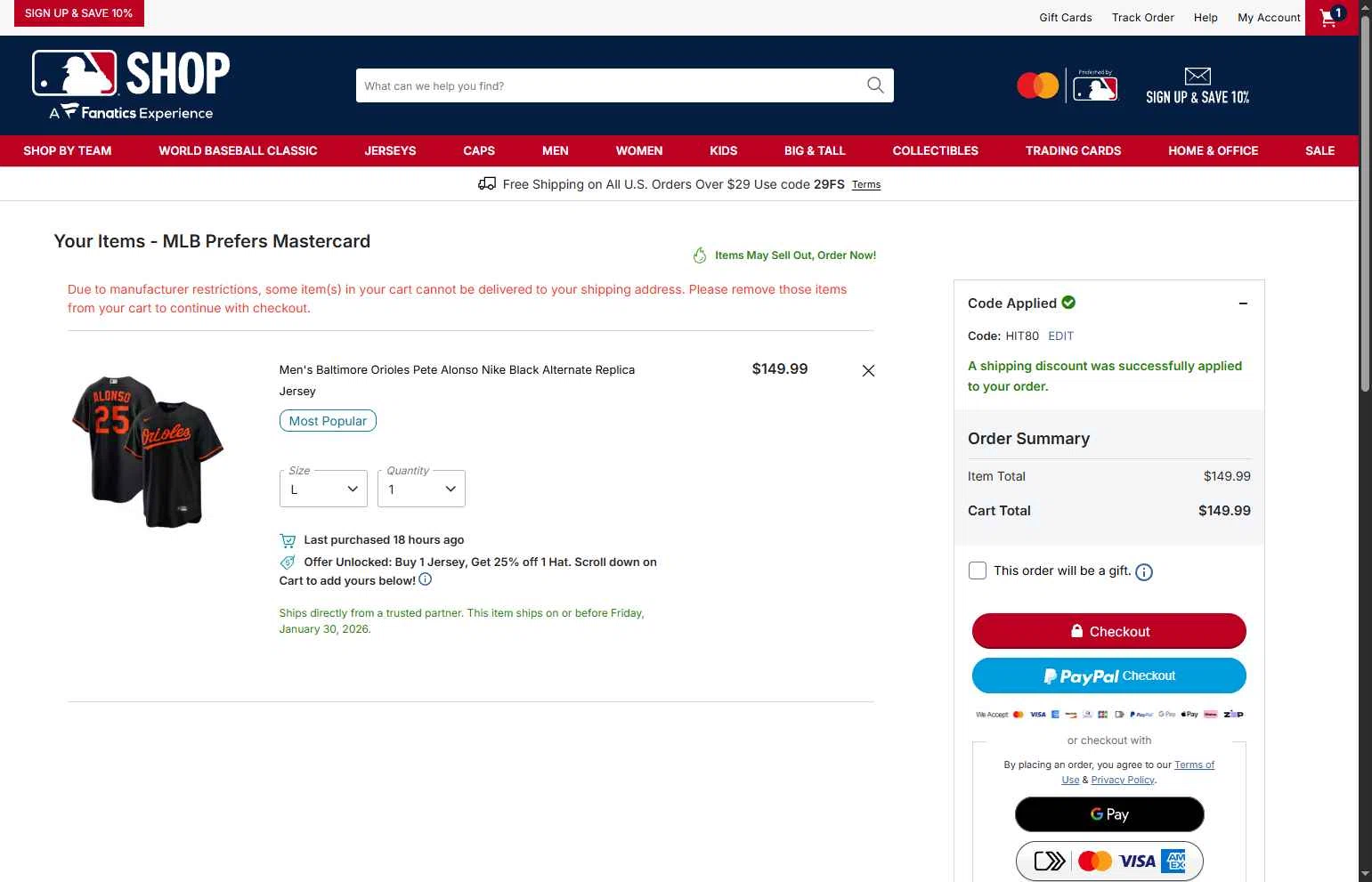 Baltimore Orioles checkout page showing Baltimore Orioles promo code box | Screenshot taken by SimplyCodes community member on Jan 30, 2026