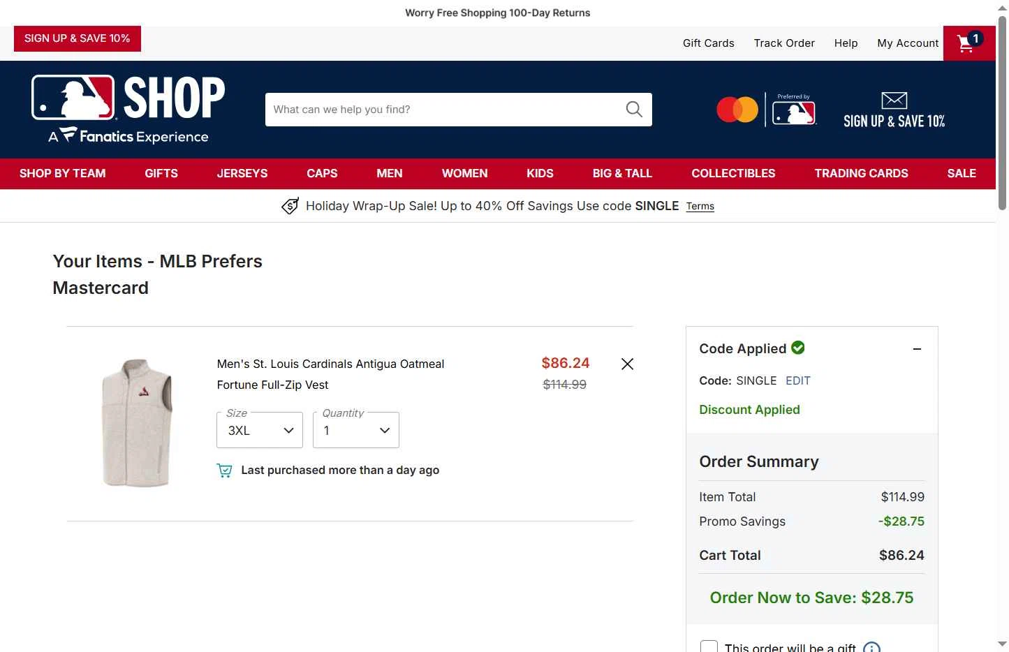 Baltimore Orioles checkout page showing Baltimore Orioles promo code box | Screenshot taken by SimplyCodes community member on Dec 28, 2025