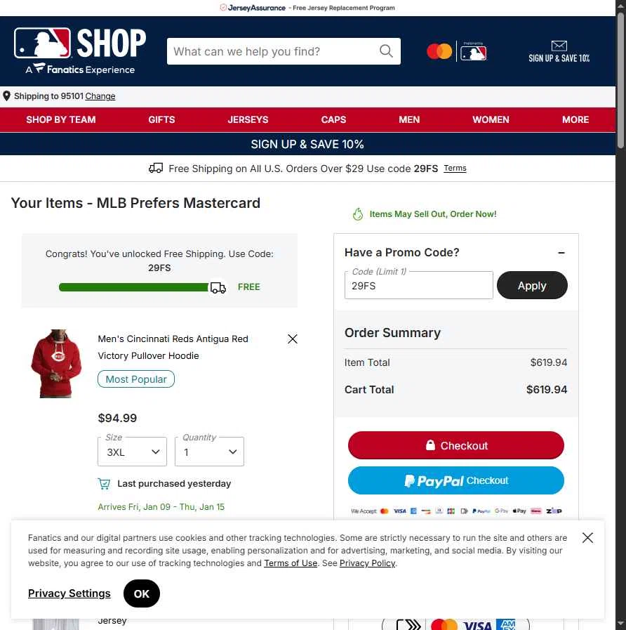 Baltimore Orioles checkout page showing Baltimore Orioles promo code box | Screenshot taken by SimplyCodes community member on Jan 1, 2026