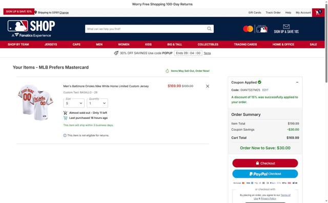 Baltimore Orioles checkout page showing Baltimore Orioles promo code box | Screenshot taken by SimplyCodes community member on Oct 3, 2025