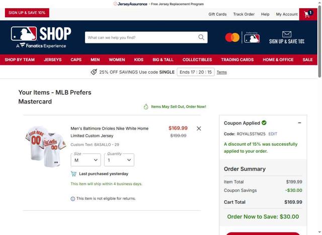 Baltimore Orioles checkout page showing Baltimore Orioles promo code box | Screenshot taken by SimplyCodes community member on Sep 29, 2025