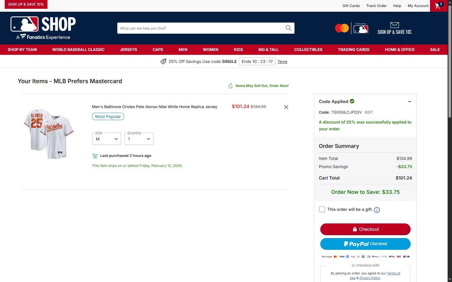 Baltimore Orioles checkout page showing Baltimore Orioles promo code box | Screenshot taken by SimplyCodes community member on Jan 16, 2026