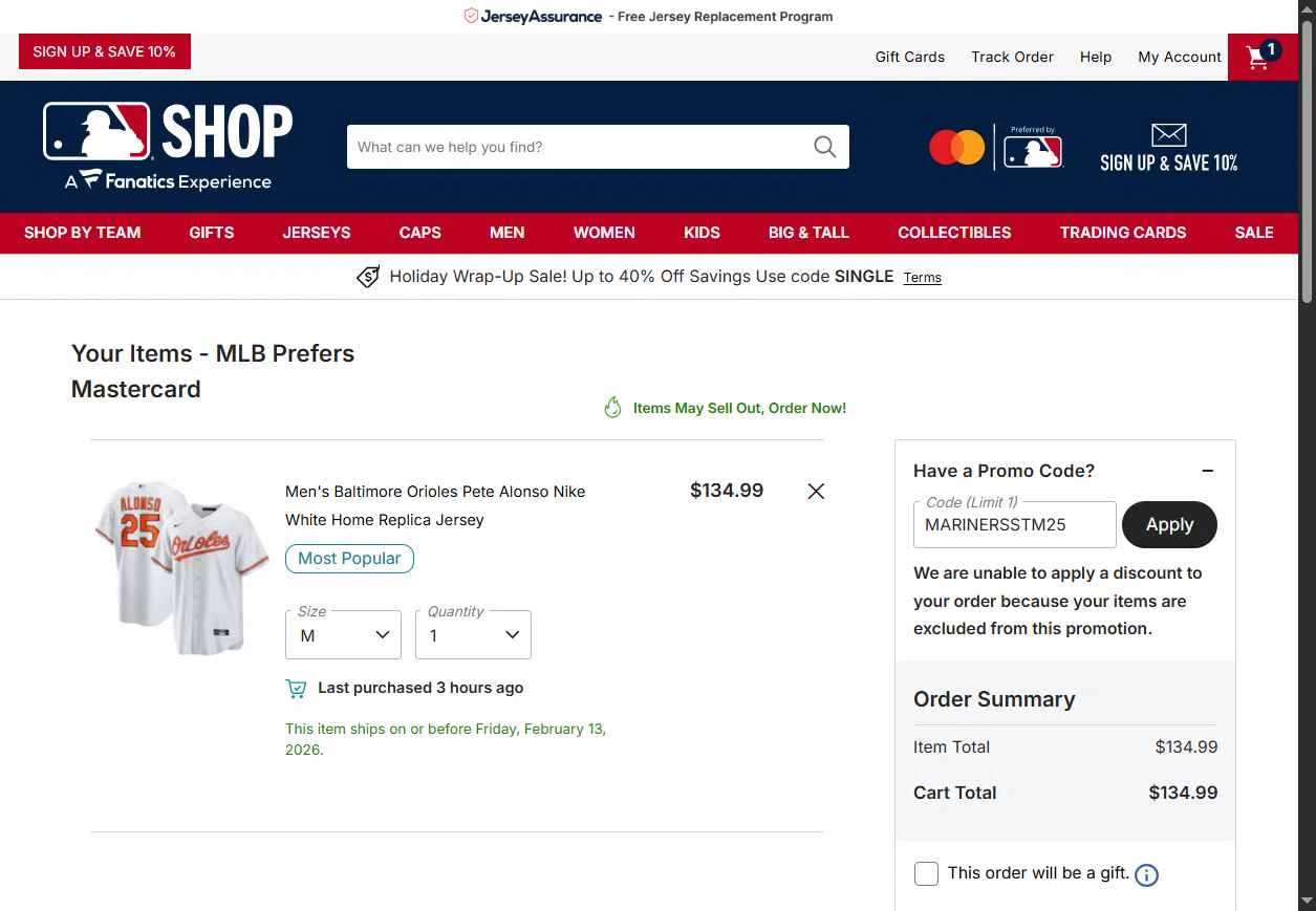 Baltimore Orioles checkout page showing Baltimore Orioles promo code box | Screenshot taken by SimplyCodes community member on Dec 27, 2025