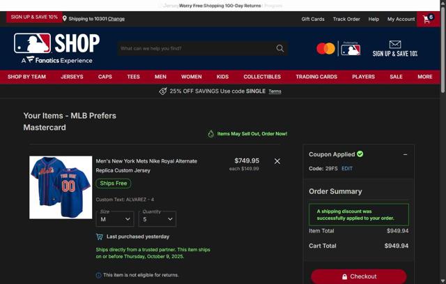 Baltimore Orioles checkout page showing Baltimore Orioles promo code box | Screenshot taken by SimplyCodes community member on Sep 25, 2025