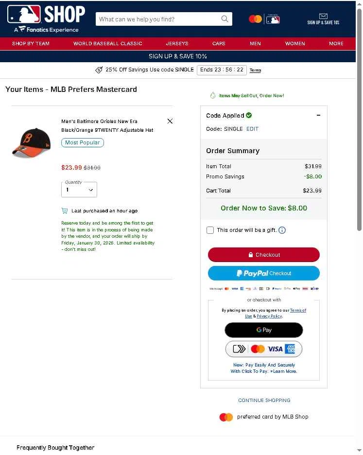 Baltimore Orioles checkout page showing Baltimore Orioles promo code box | Screenshot taken by SimplyCodes community member on Jan 28, 2026