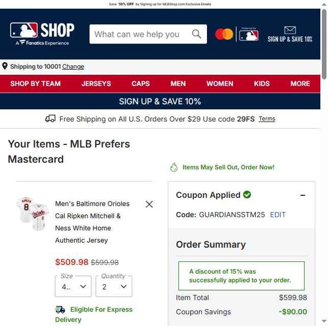 Baltimore Orioles checkout page showing Baltimore Orioles promo code box | Screenshot taken by SimplyCodes community member on Sep 2, 2025