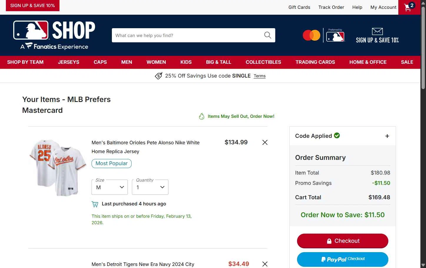 Baltimore Orioles checkout page showing Baltimore Orioles promo code box | Screenshot taken by SimplyCodes community member on Jan 15, 2026