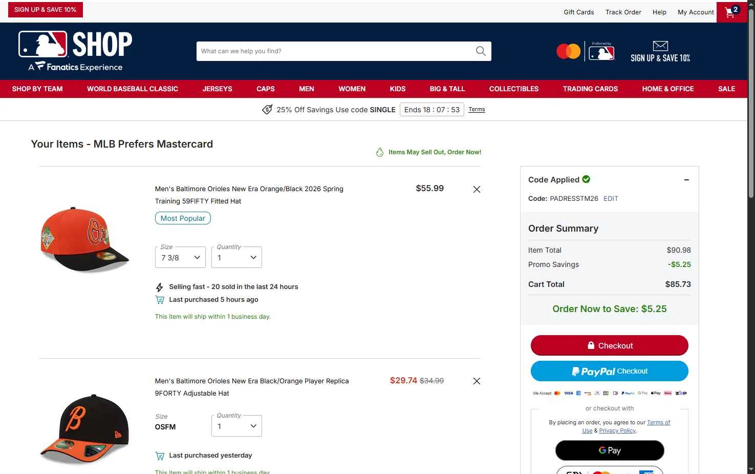 Baltimore Orioles checkout page showing Baltimore Orioles promo code box | Screenshot taken by SimplyCodes community member on Feb 24, 2026