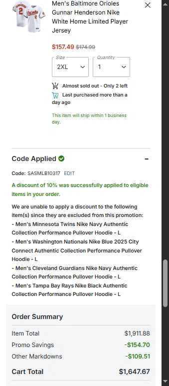 Baltimore Orioles checkout page showing Baltimore Orioles promo code box | Screenshot taken by SimplyCodes community member on Jan 13, 2026
