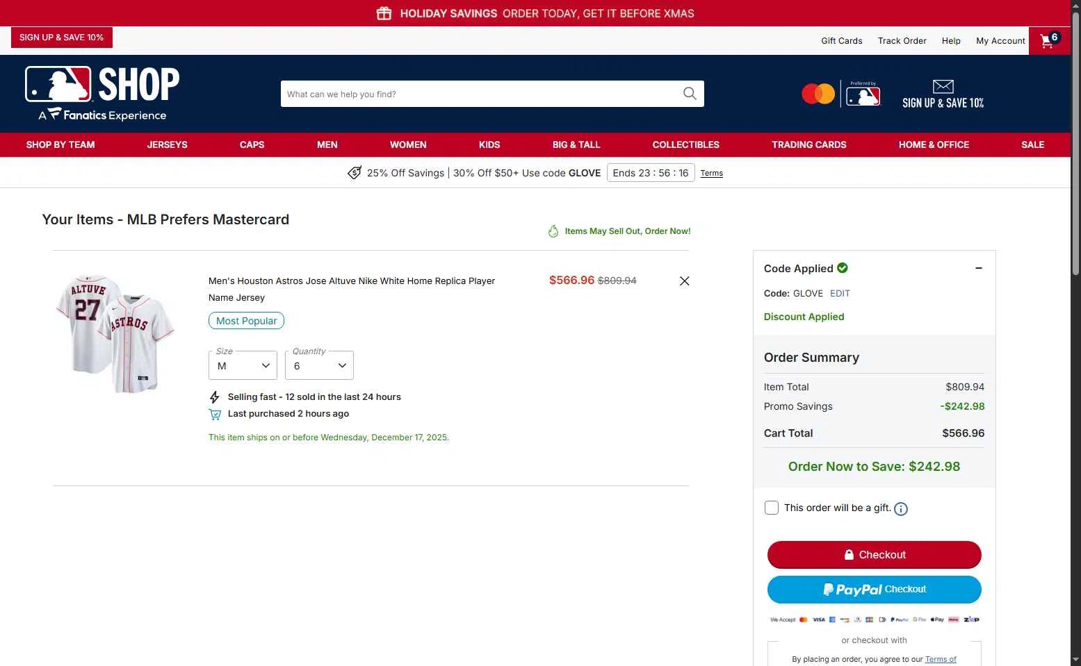Baltimore Orioles checkout page showing Baltimore Orioles promo code box | Screenshot taken by SimplyCodes community member on Dec 16, 2025