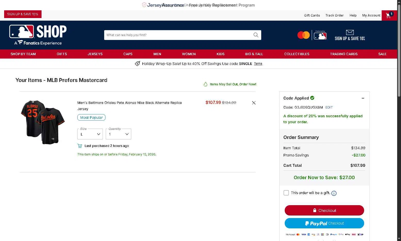 Baltimore Orioles checkout page showing Baltimore Orioles promo code box | Screenshot taken by SimplyCodes community member on Dec 30, 2025