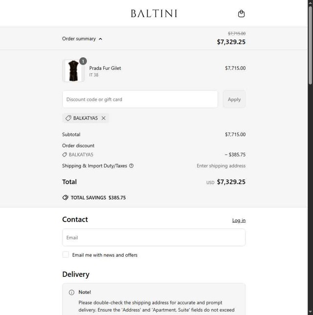 Baltini checkout page showing Baltini promo code box | Screenshot taken by SimplyCodes community member on May 22, 2025