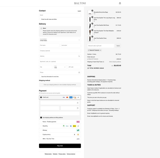 Baltini checkout page showing Baltini promo code box | Screenshot taken by SimplyCodes community member on Aug 22, 2025
