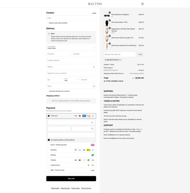 Baltini checkout page showing Baltini promo code box | Screenshot taken by SimplyCodes community member on Jul 22, 2025