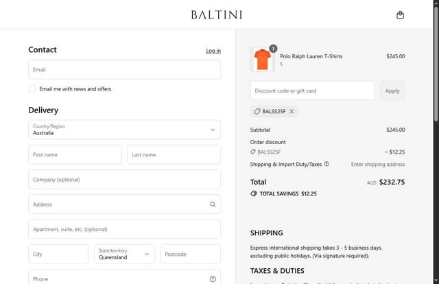 Baltini checkout page showing Baltini promo code box | Screenshot taken by SimplyCodes community member on Aug 25, 2025