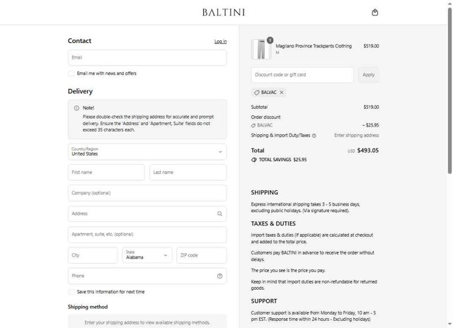 Baltini checkout page showing Baltini promo code box | Screenshot taken by SimplyCodes community member on Jul 21, 2025