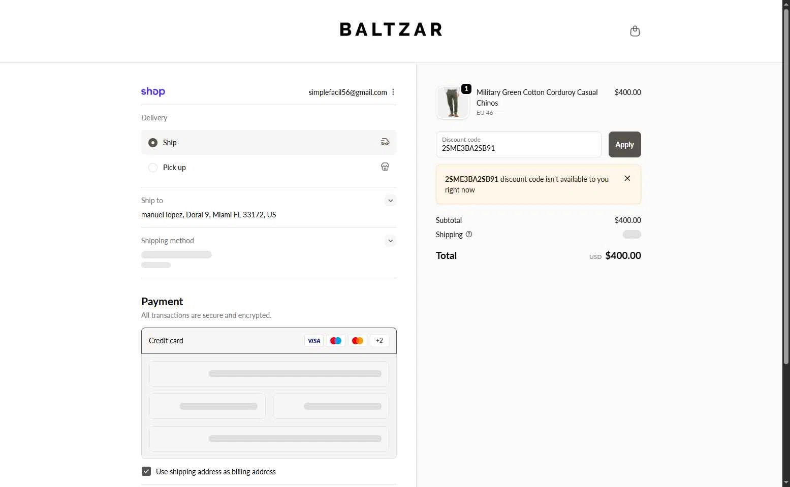Baltzar checkout page showing Baltzar discount code box | Screenshot taken by SimplyCodes community member on Oct 14, 2025
