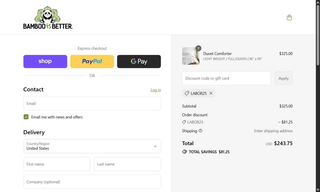 Bamboo Is Better checkout page showing Bamboo Is Better discount code box | Screenshot taken by SimplyCodes community member on Sep 1, 2025