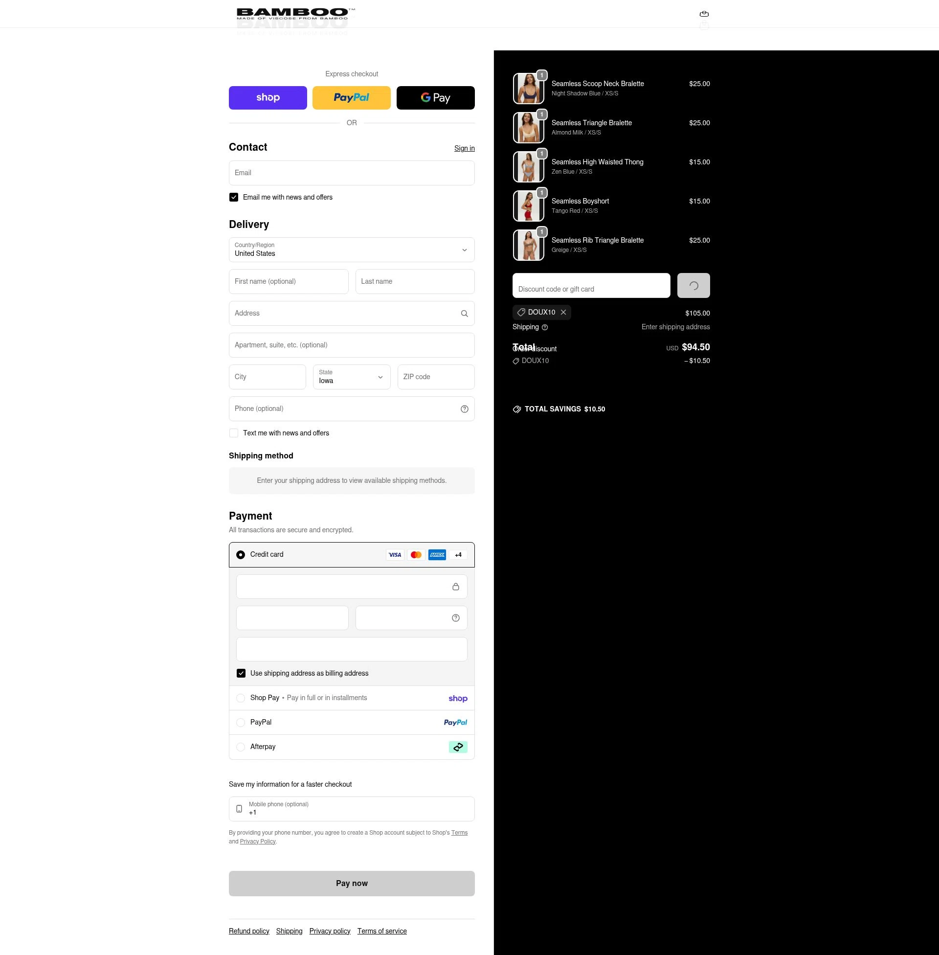 Bamboo Underwear checkout page showing Bamboo Underwear promo code box | Screenshot taken by SimplyCodes community member on Feb 9, 2026