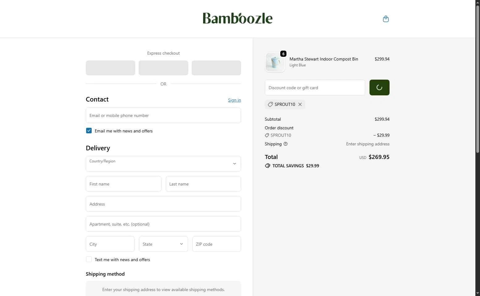 Bamboozle Home checkout page showing Bamboozle Home promo code box | Screenshot taken by SimplyCodes community member on Feb 7, 2026