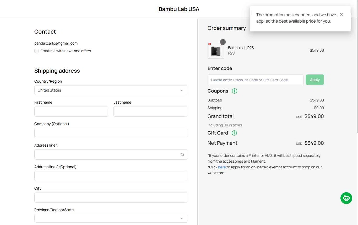 Bambu Lab checkout page showing Bambu Lab discount code box | Screenshot taken by SimplyCodes community member on Dec 10, 2025