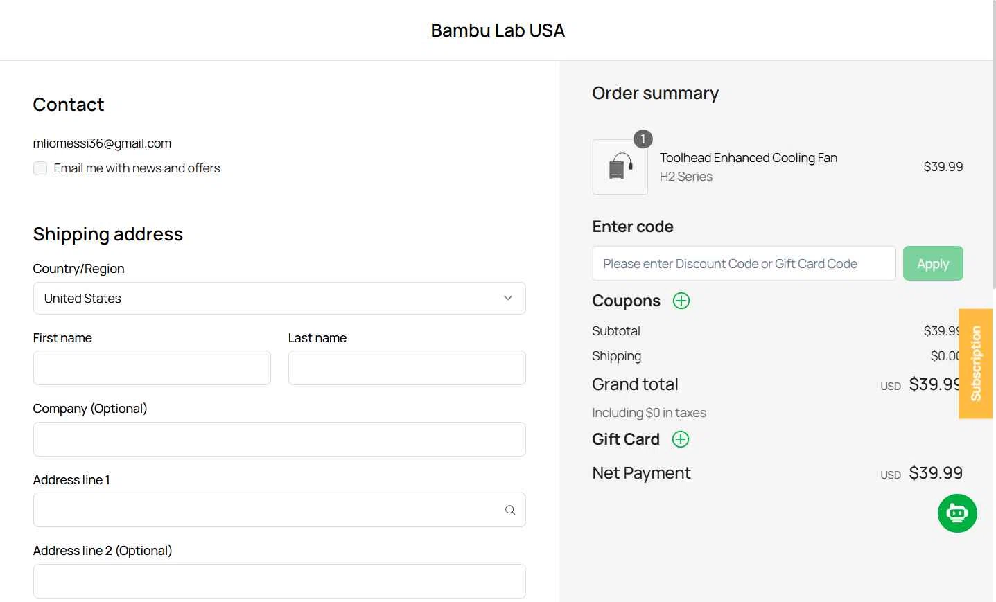 Bambu Lab checkout page showing Bambu Lab discount code box | Screenshot taken by SimplyCodes community member on Dec 3, 2025
