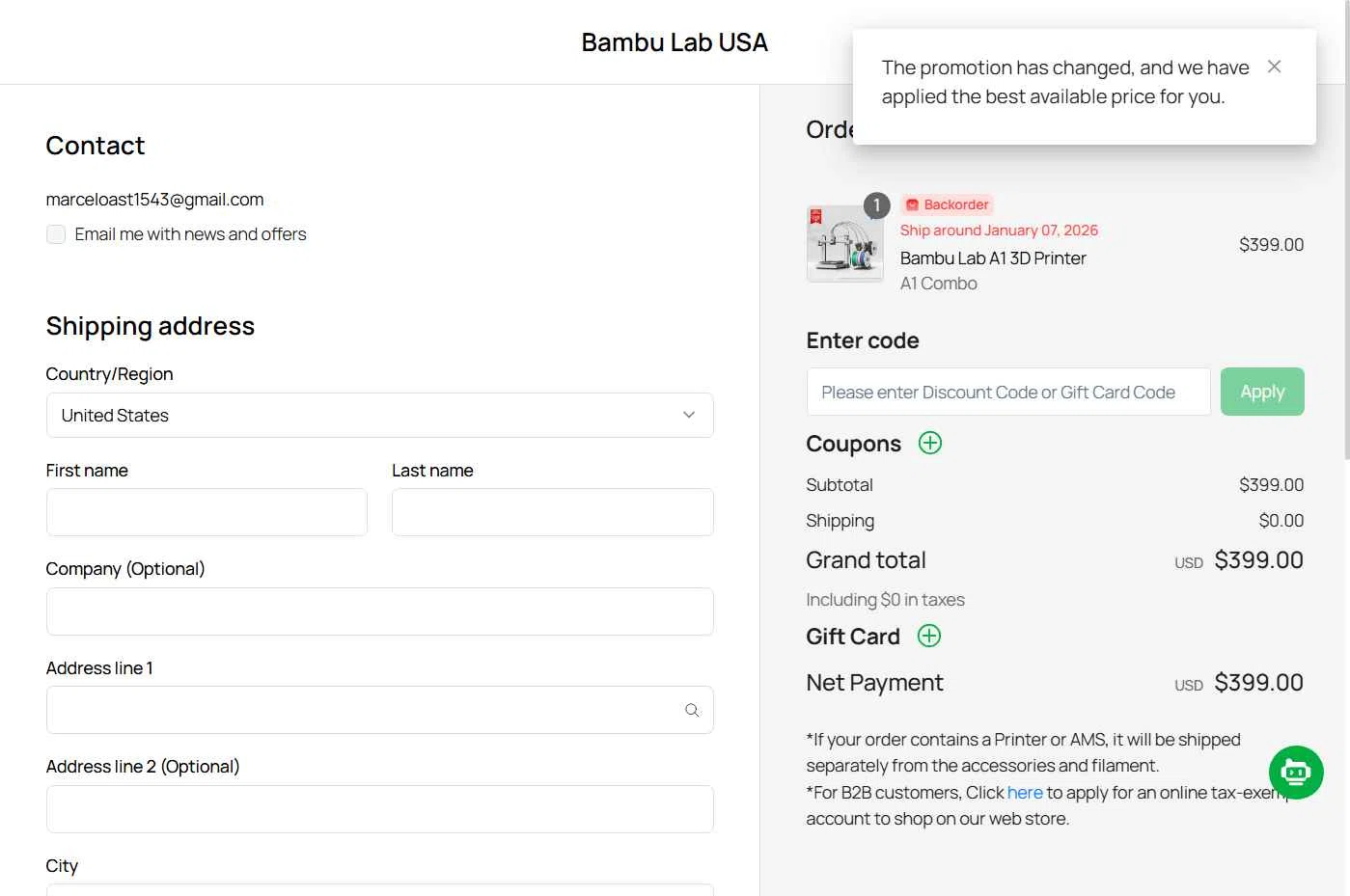 Bambu Lab checkout page showing Bambu Lab discount code box | Screenshot taken by SimplyCodes community member on Dec 20, 2025