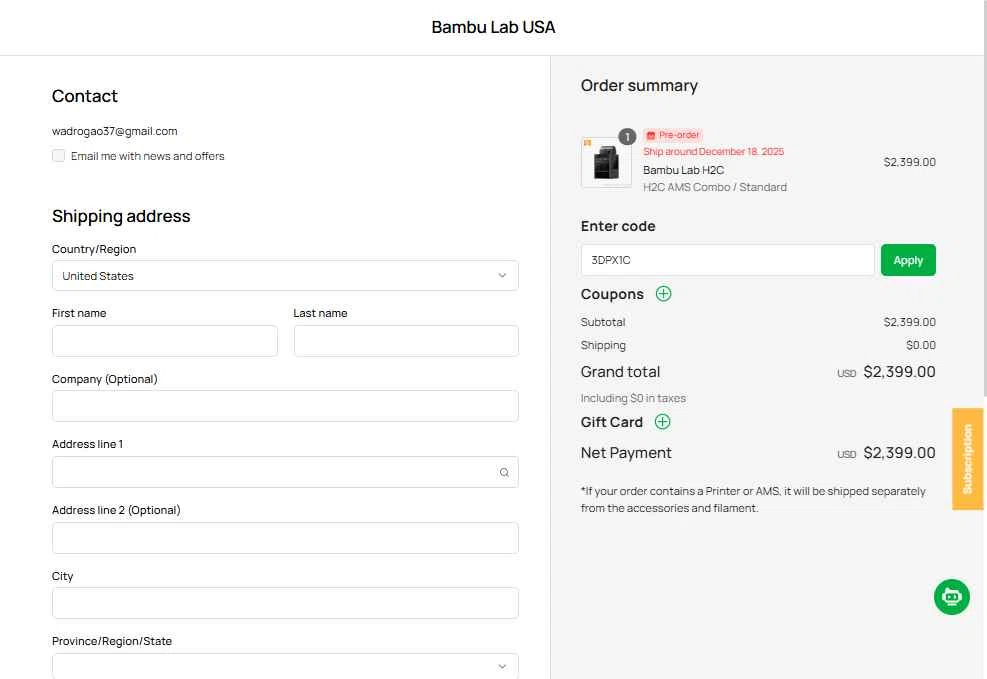 Bambu Lab checkout page showing Bambu Lab discount code box | Screenshot taken by SimplyCodes community member on Dec 3, 2025