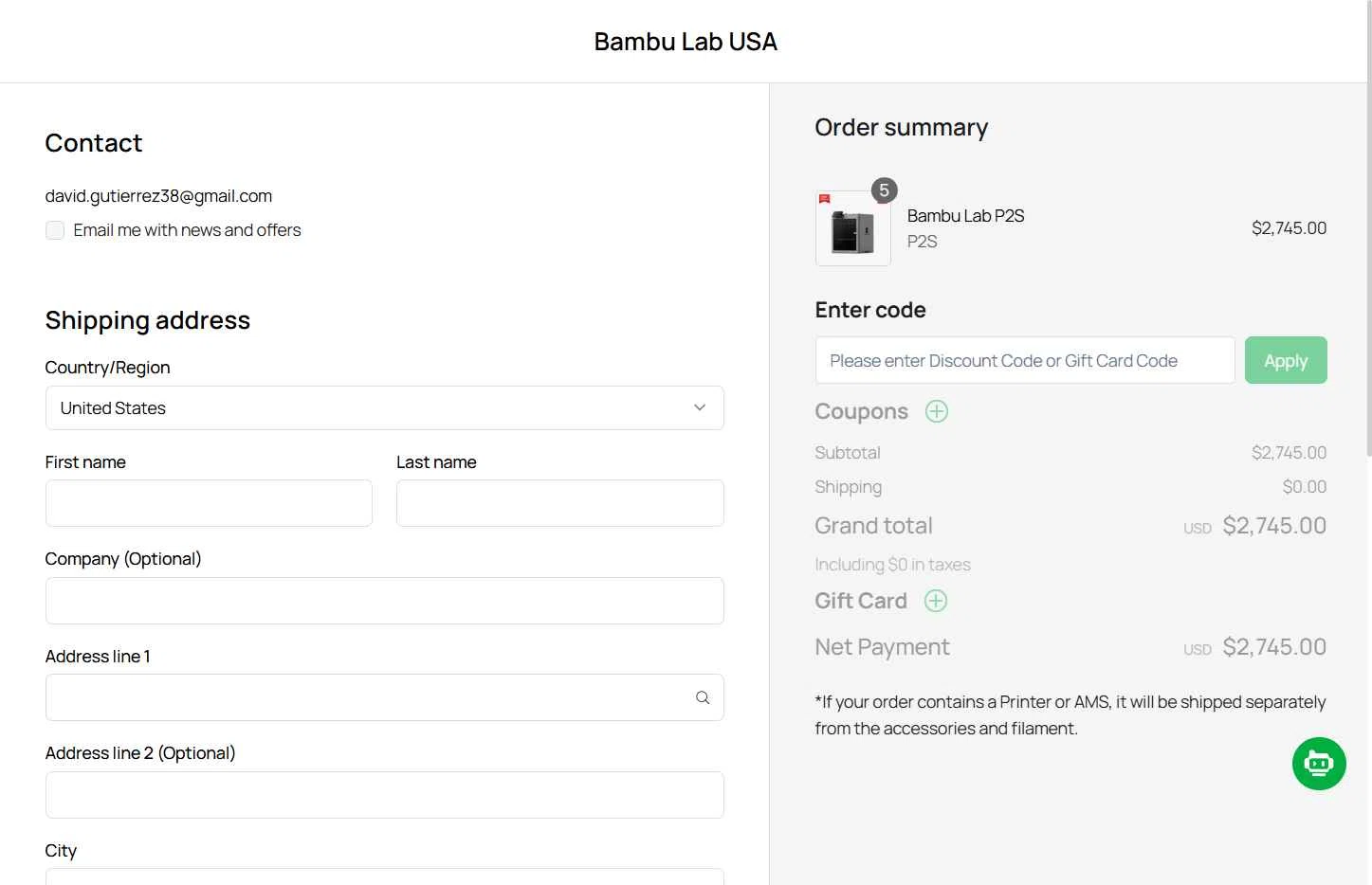 Bambu Lab checkout page showing Bambu Lab discount code box | Screenshot taken by SimplyCodes community member on Dec 7, 2025