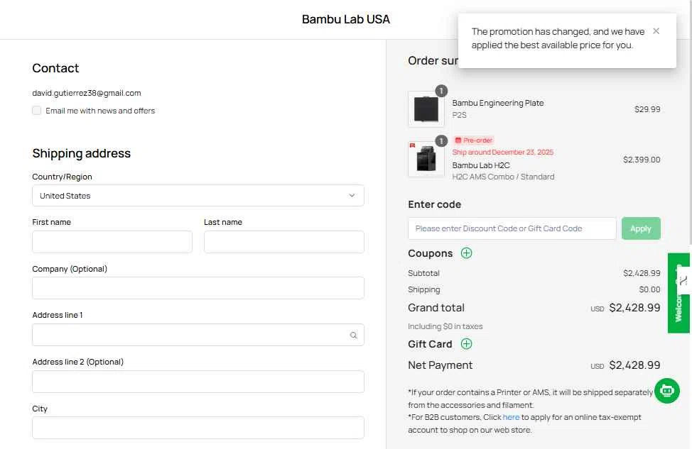 Bambu Lab checkout page showing Bambu Lab discount code box | Screenshot taken by SimplyCodes community member on Dec 13, 2025