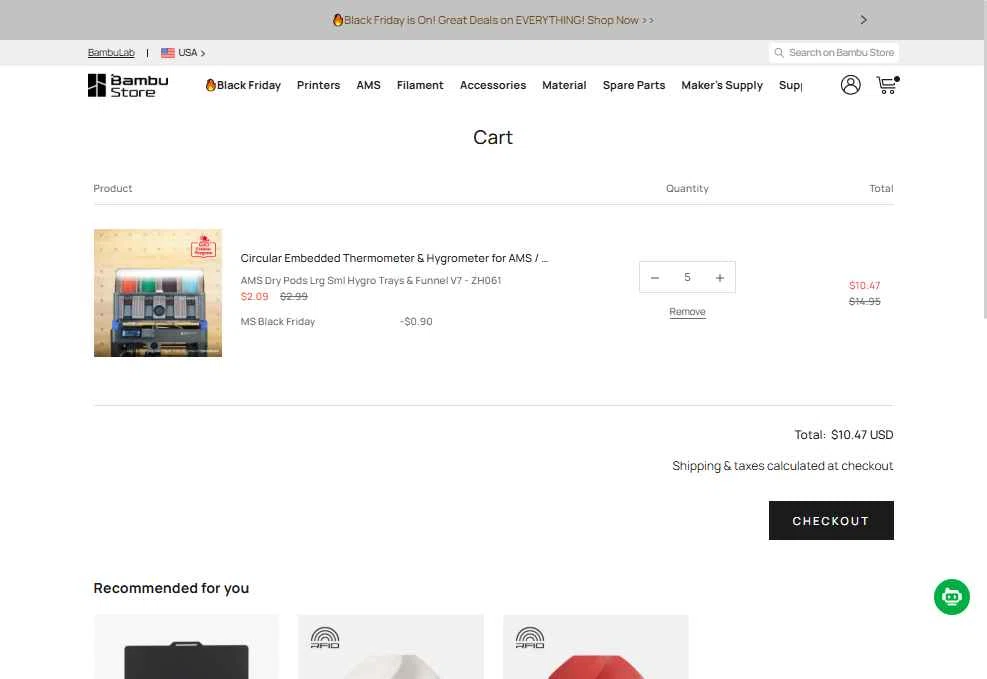 Bambu Lab checkout page showing Bambu Lab discount code box | Screenshot taken by SimplyCodes community member on Dec 5, 2025