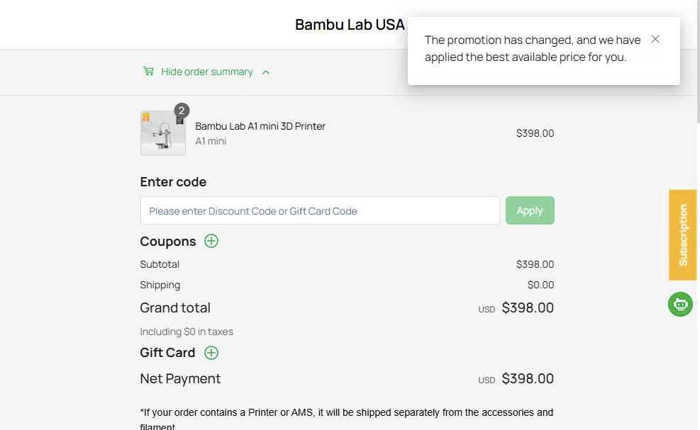 Bambu Lab USA Store checkout page showing Bambu Lab USA Store discount code box | Screenshot taken by SimplyCodes community member on Nov 27, 2025