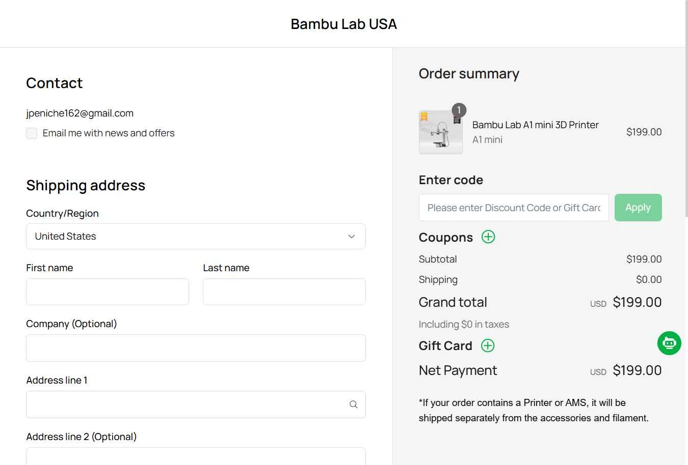 Bambu Lab USA Store checkout page showing Bambu Lab USA Store discount code box | Screenshot taken by SimplyCodes community member on Nov 27, 2025