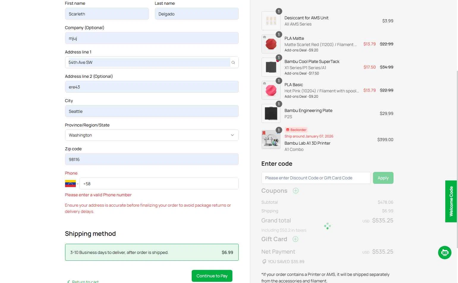 Bambu Lab USA Store checkout page showing Bambu Lab USA Store discount code box | Screenshot taken by SimplyCodes community member on Dec 17, 2025