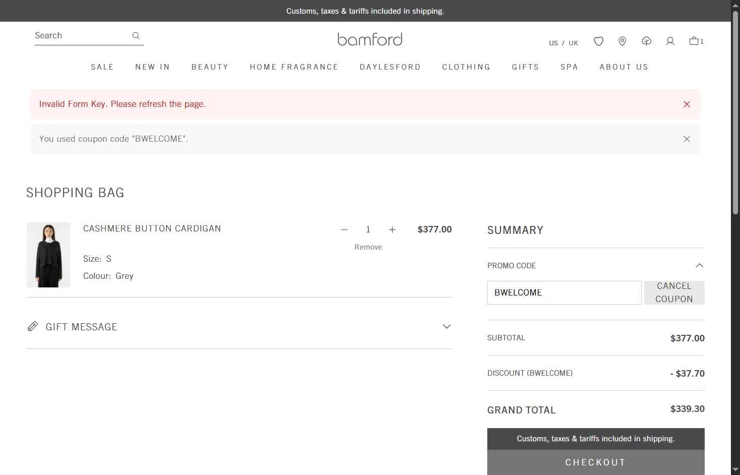 Bamford checkout page showing Bamford discount code box | Screenshot taken by SimplyCodes community member on Jan 22, 2026