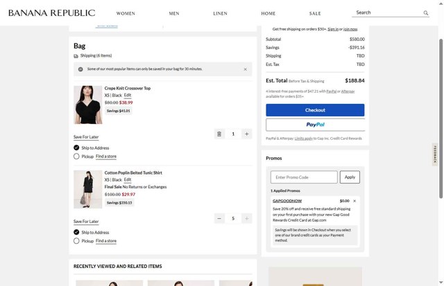 Banana Republic checkout page showing Banana Republic promo code box | Screenshot taken by SimplyCodes community member on Aug 17, 2025