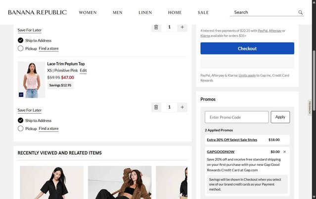 Banana Republic checkout page showing Banana Republic promo code box | Screenshot taken by SimplyCodes community member on Aug 25, 2025