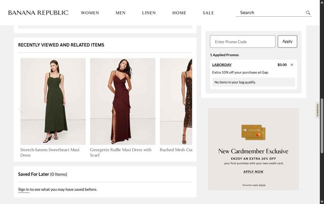 Banana Republic checkout page showing Banana Republic promo code box | Screenshot taken by SimplyCodes community member on Aug 29, 2025
