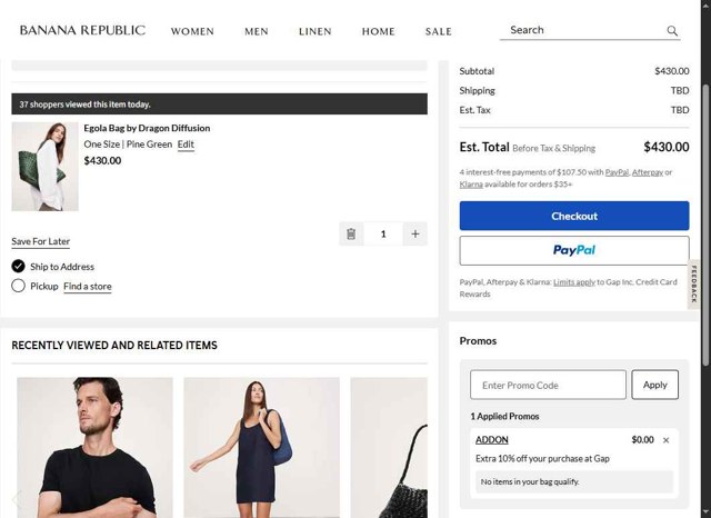 Banana Republic checkout page showing Banana Republic promo code box | Screenshot taken by SimplyCodes community member on Aug 22, 2025