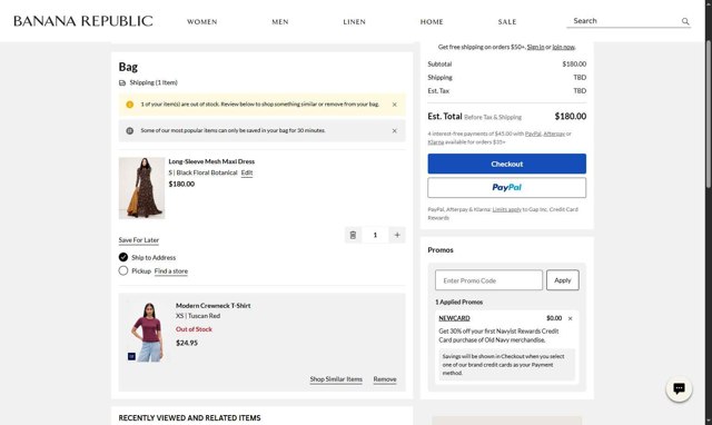 Banana Republic checkout page showing Banana Republic promo code box | Screenshot taken by SimplyCodes community member on Aug 27, 2025