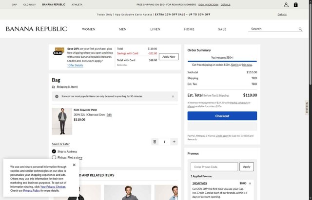 Banana Republic checkout page showing Banana Republic promo code box | Screenshot taken by SimplyCodes community member on Aug 27, 2025