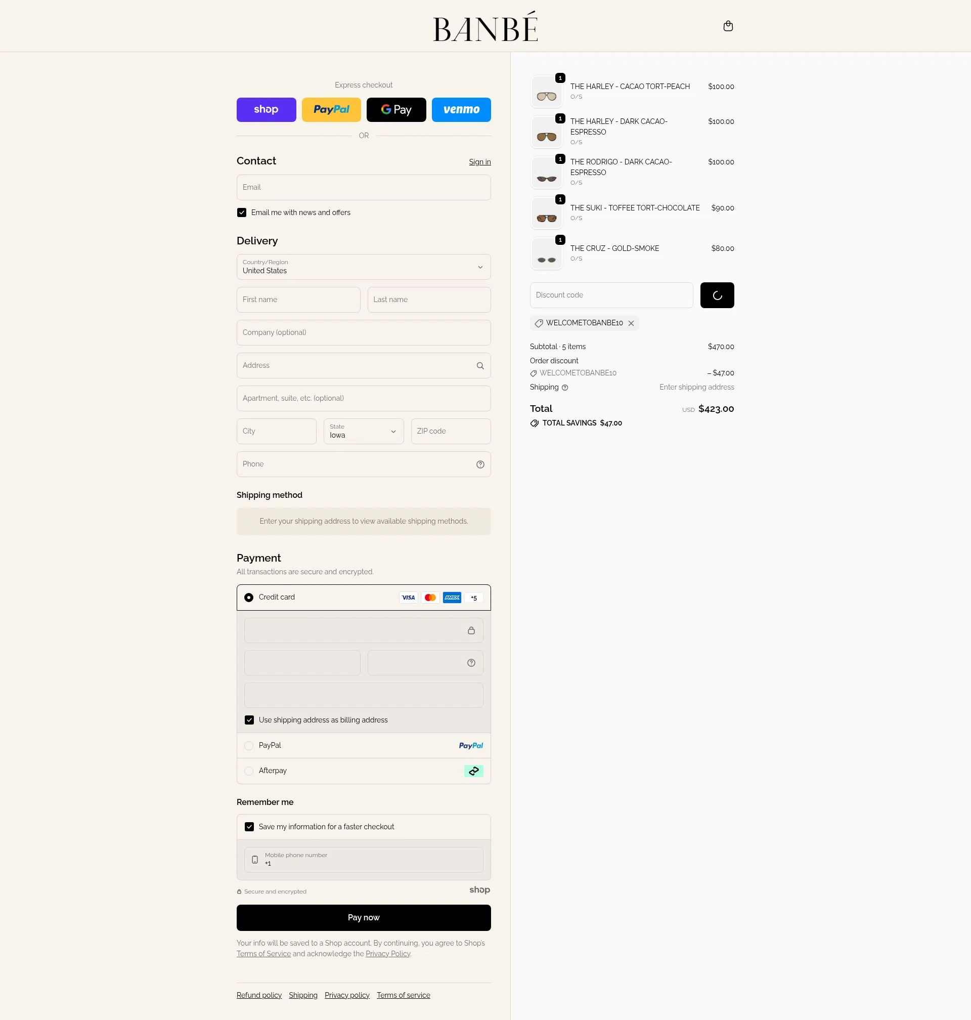 Banbe Eyewear checkout page showing Banbe Eyewear discount code box | Screenshot taken by SimplyCodes community member on Dec 21, 2025