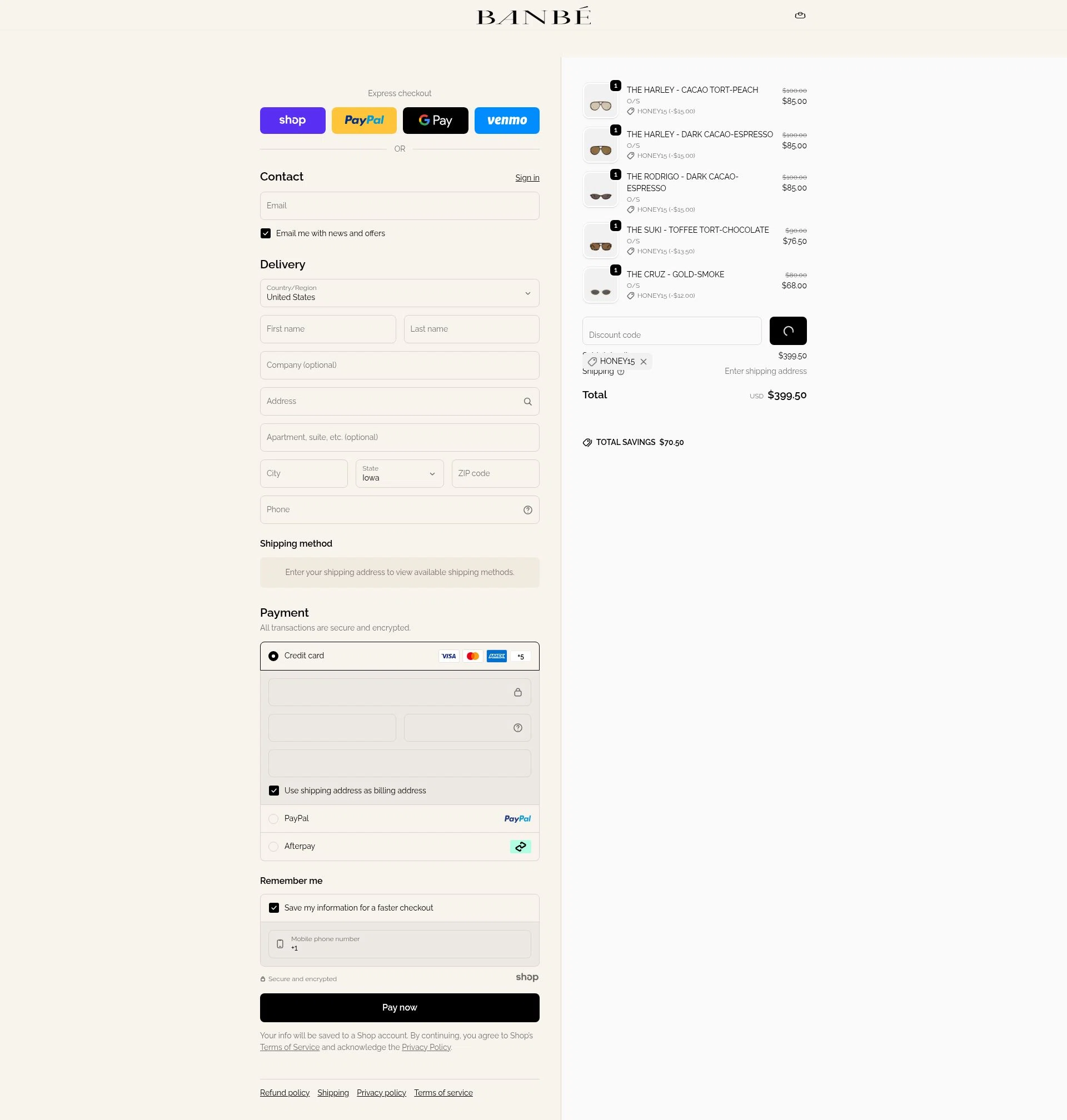 Banbe Eyewear checkout page showing Banbe Eyewear discount code box | Screenshot taken by SimplyCodes community member on Dec 21, 2025
