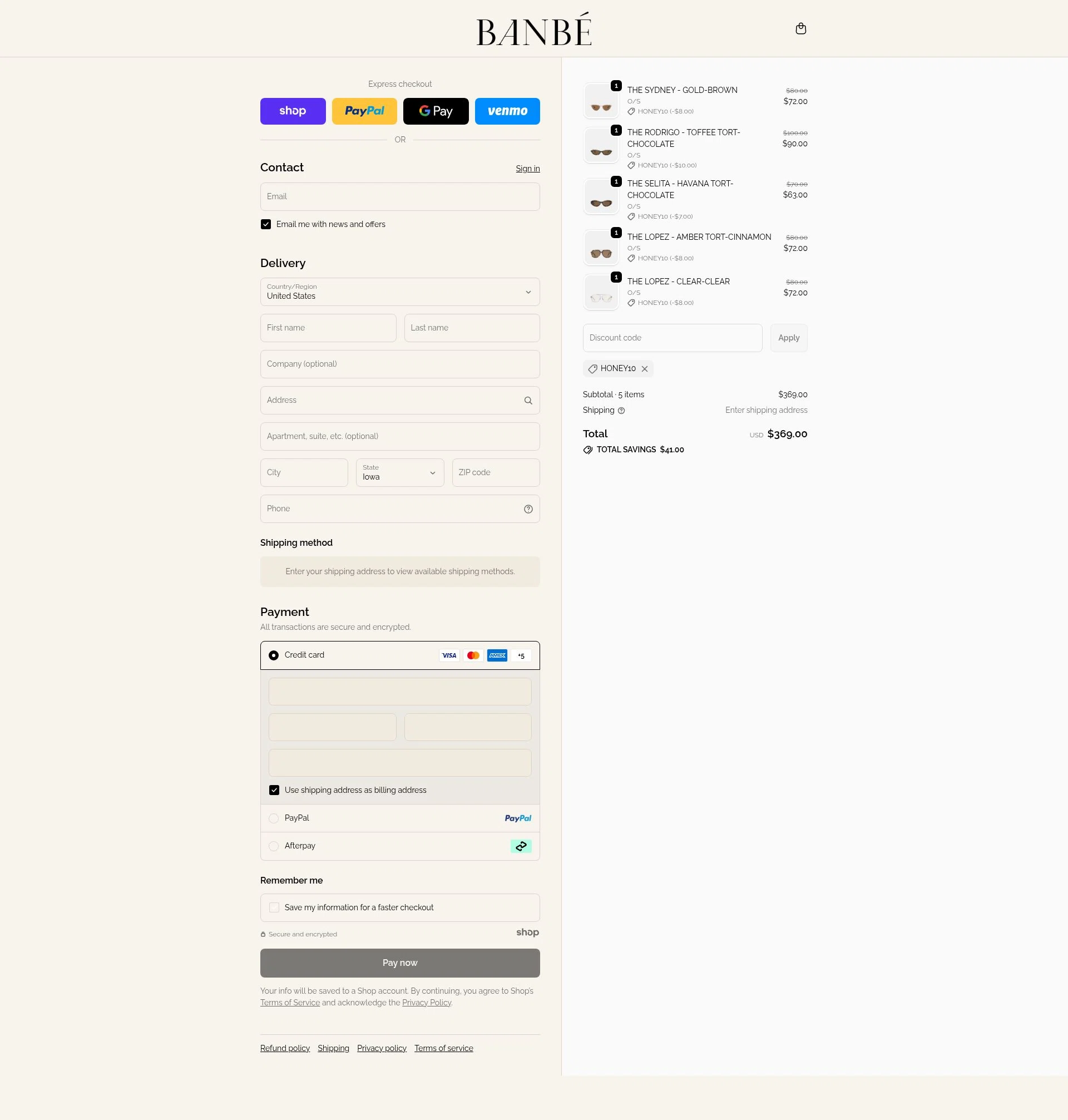 Banbe Eyewear checkout page showing Banbe Eyewear discount code box | Screenshot taken by SimplyCodes community member on Dec 13, 2025