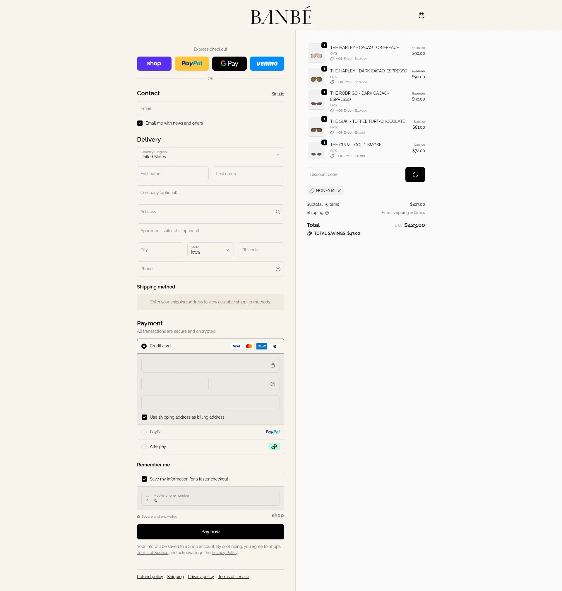 Banbe Eyewear checkout page showing Banbe Eyewear discount code box | Screenshot taken by SimplyCodes community member on Dec 31, 2025
