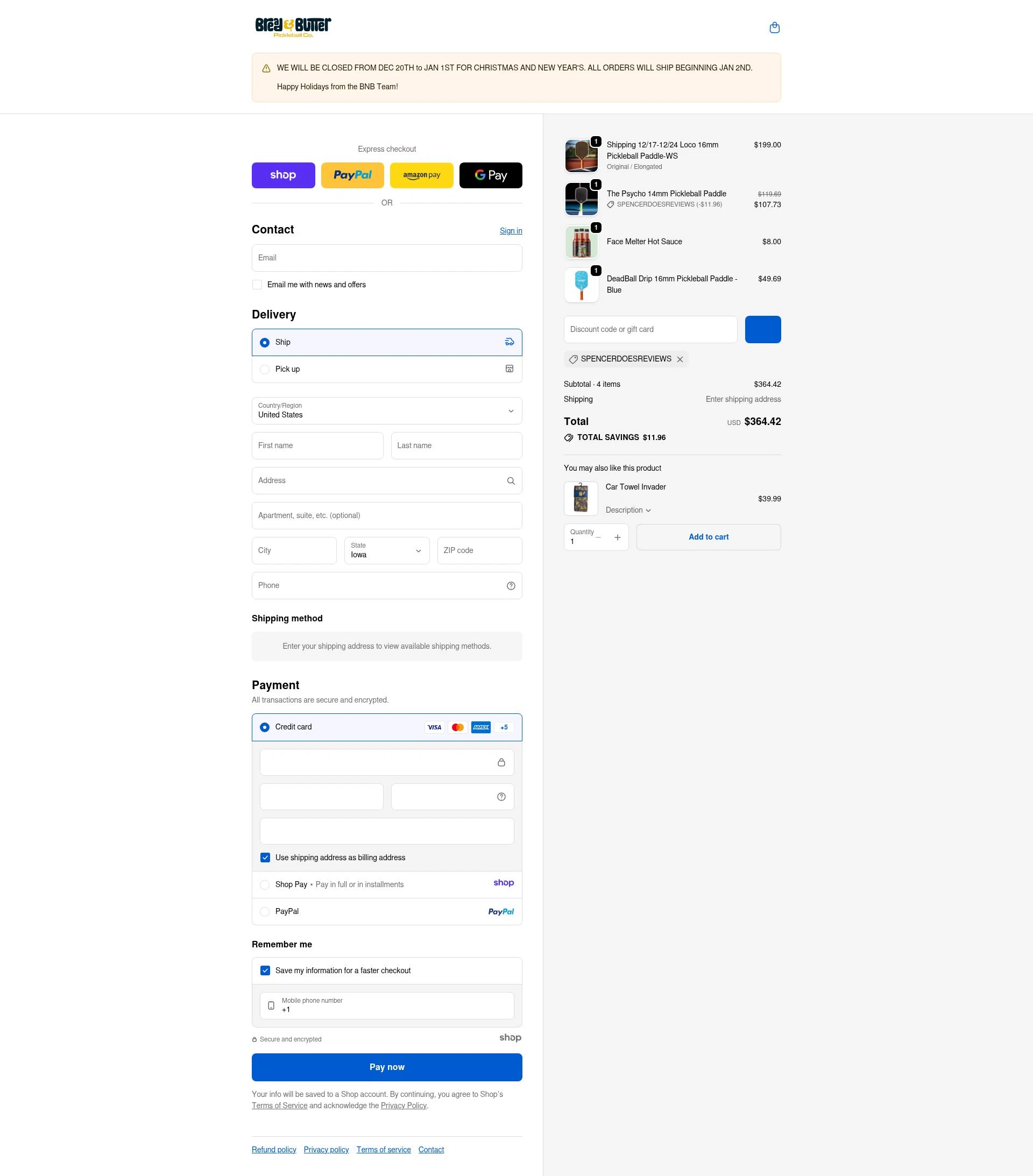 Bread & Butter Pickleball checkout page showing Bread & Butter Pickleball promo code box | Screenshot taken by SimplyCodes community member on Jan 4, 2026