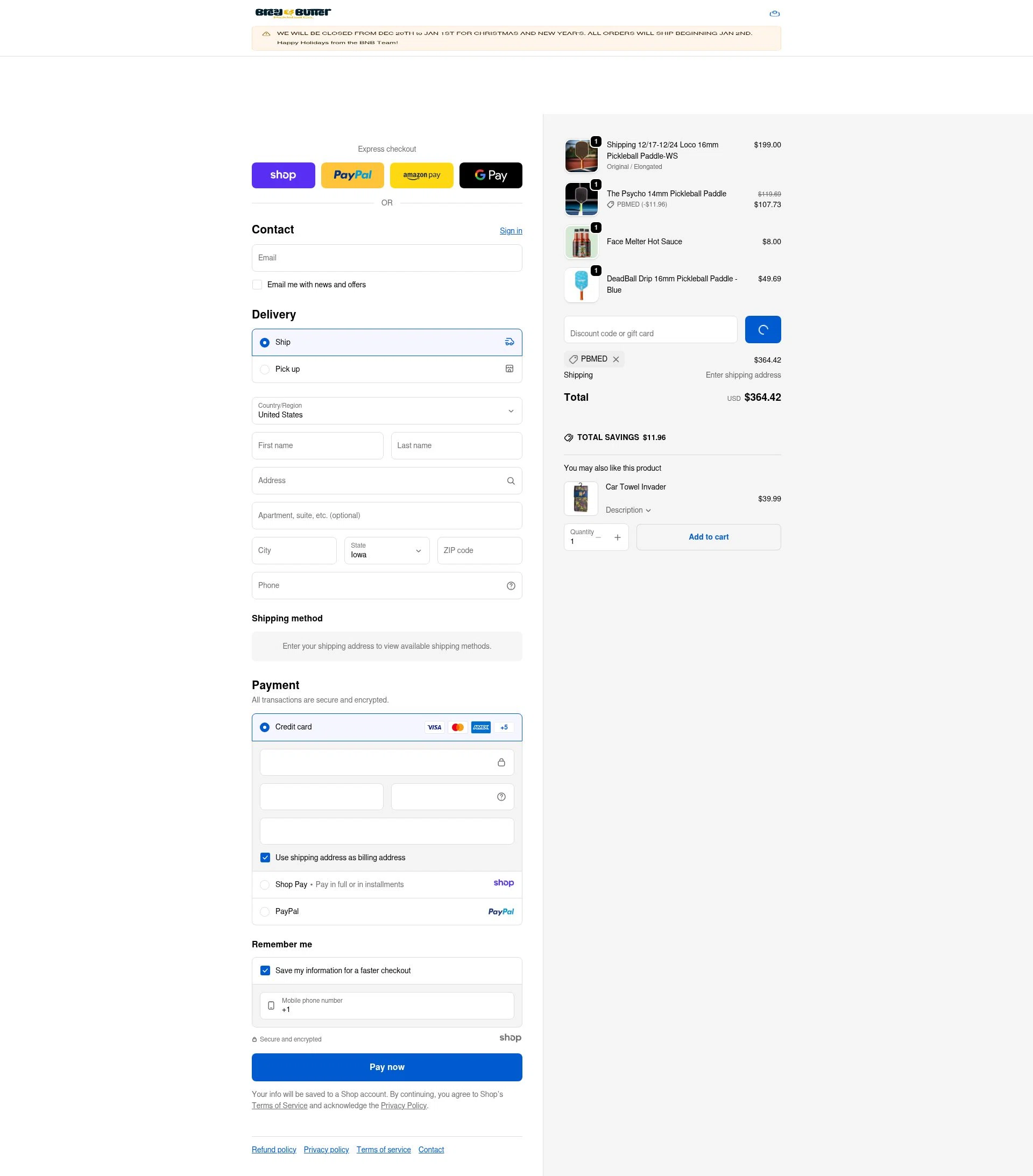 Bread & Butter Pickleball checkout page showing Bread & Butter Pickleball promo code box | Screenshot taken by SimplyCodes community member on Jan 4, 2026